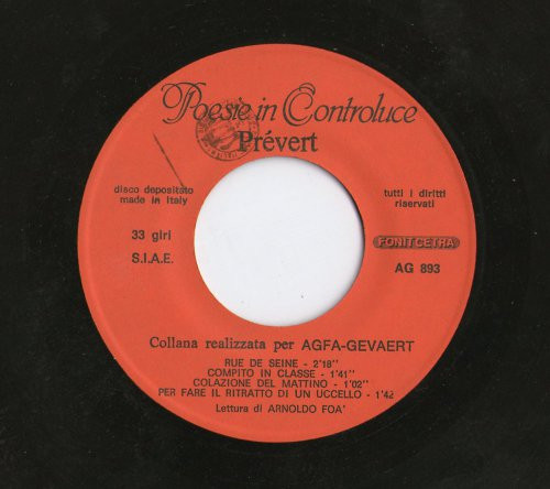 Jacques Prévert Letture Di Arnoldo Foà - Poesie In Controluce | Fonit Cetra (AG 893/4) - 3