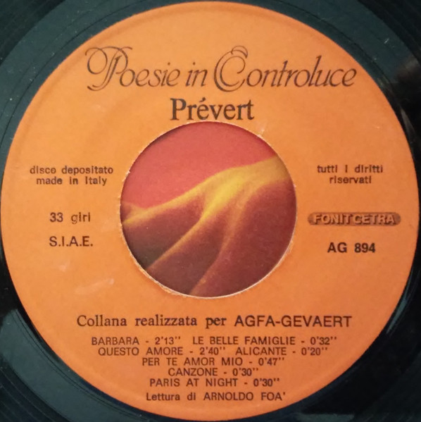 Jacques Prévert Letture Di Arnoldo Foà - Poesie In Controluce | Fonit Cetra (AG 893/4) - 4