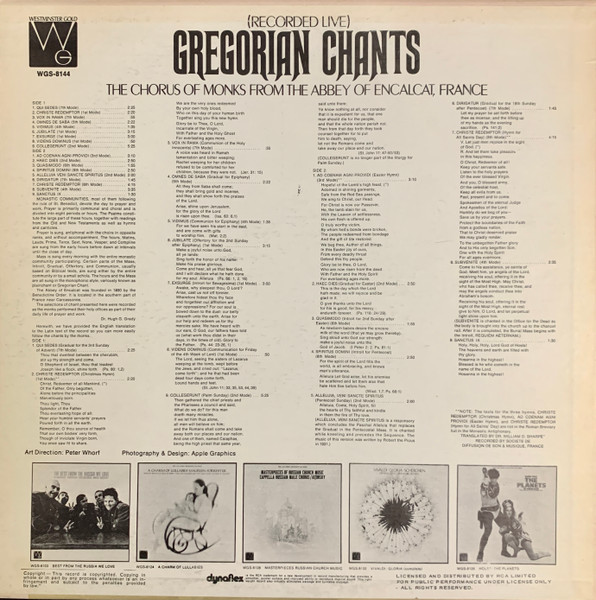 Chœur Des Moines De L'Abbaye D'En-Calcat - Gregorian Chants (Recorded Live At The Abbey Of Encalcat, France) [Vinyl] | Westminster Gold (WGS-8144) - 2