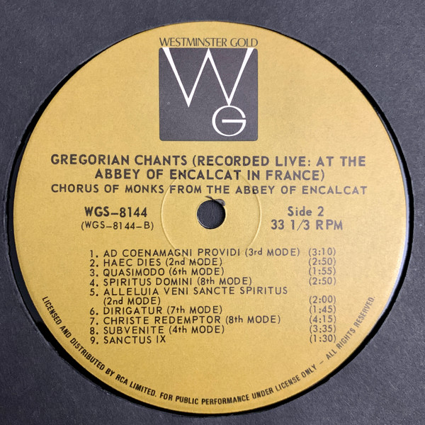 Chœur Des Moines De L'Abbaye D'En-Calcat - Gregorian Chants (Recorded Live At The Abbey Of Encalcat, France) [Vinyl] | Westminster Gold (WGS-8144) - 4