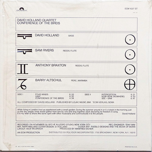 David Holland Quartet - Conference Of The Birds | ECM Records (ECM 1027 ST) - 2 David Holland Quartet - Conference Of The Birds | ECM Records (ECM 1027 ST) - 2