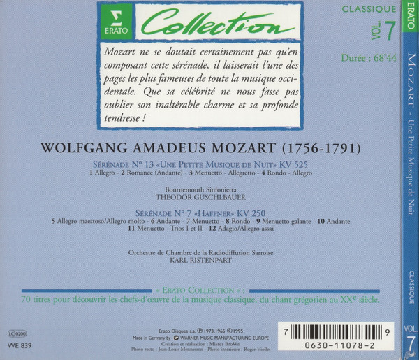 Wolfgang Amadeus Mozart / Bournemouth Sinfonietta , Theodor Guschlbauer / Kammerorchester Des Saarländischen Rundfunks, Saarbrücken , Karl Ristenpart - Une Petite Musique De Nuit / Sérénade «Haffner» | Erato (0630-11078-2) - 2