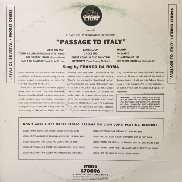 Franco Da Roma - Passage to Italy | Lion Records (SL 70096) - 2 Franco Da Roma - Passage to Italy | Lion Records (SL 70096) - 2
