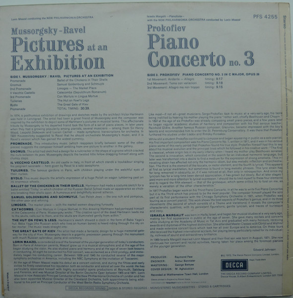 Modest Mussorgsky - Maurice Ravel - Sergei Prokofiev : Lorin Maazel , New Philharmonia Orchestra , Israela Margalit - Pictures At An Exhibition / Piano Concerto No. 3 | Decca (PFS 4255) - 2