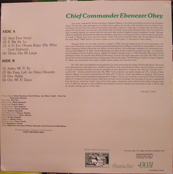 Chief Commander Ebenezer Obey & His Inter-Reformers Band - Juju Jubilee | Shanachie (43031) - 2