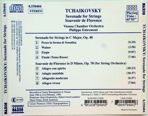 Pyotr Ilyich Tchaikovsky , Wiener Kammerorchester , Philippe Entremont - Serenade For Strings / Souvenir De Florence | Naxos (8.550404) - 3