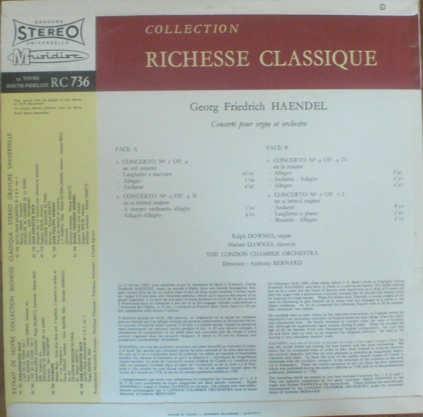 Georg Friedrich Händel , Ralph Downes , Hubert Dawkes , The London Chamber Orchestra , Anthony Bernard - 4 Concerti Pour Orgue Et Orchestre | Musidisc (30 RC 736) - 2