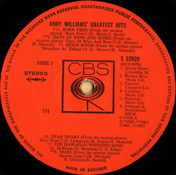 Andy Williams - Andy Williams' Greatest Hits | CBS (63920) - 3 Andy Williams - Andy Williams' Greatest Hits | CBS (63920) - 3