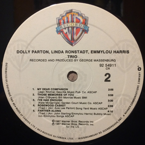 Dolly Parton , Linda Ronstadt & Emmylou Harris - Trio [Vinyl] | Warner Bros. Records (92 54911) - 4