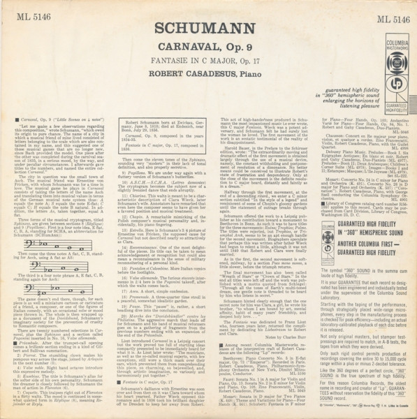 Robert Schumann / Robert Casadesus - Carnaval Op. 9, Fantasie In C Major Op. 17 | Columbia Masterworks (ML 5146) - 2 Robert Schumann / Robert Casadesus - Carnaval Op. 9, Fantasie In C Major Op. 17 | Columbia Masterworks (ML 5146) - 2