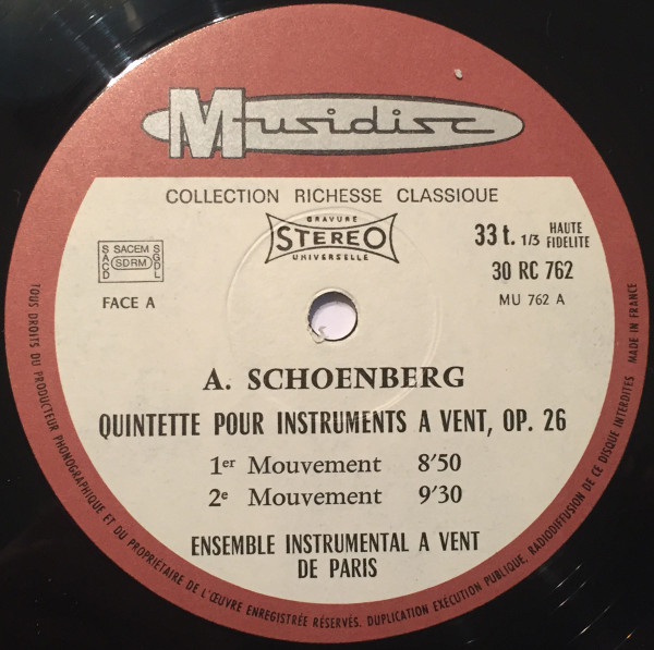 Arnold Schoenberg , Ensemble Instrumental À Vent De Paris Conducted By Roland Douatte - Quintette Pour Instruments À Vent, Opus 26 | Musidisc (30 RC 762) - 2 Arnold Schoenberg , Ensemble Instrumental À Vent De Paris Conducted By Roland Douatte - Quintette Pour Instruments À Vent, Opus 26 | Musidisc (30 RC 762) - 2