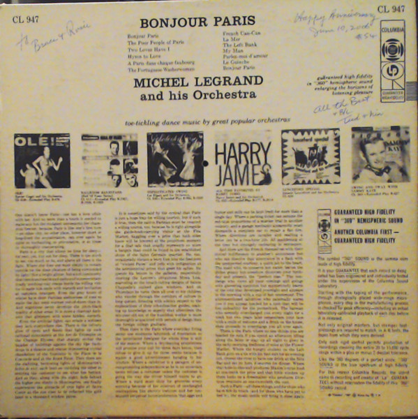 Michel Legrand Et Son Orchestre - Bonjour Paris | Columbia (CL 947) - 2 Michel Legrand Et Son Orchestre - Bonjour Paris | Columbia (CL 947) - 2