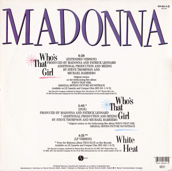 Madonna - Who's That Girl (Extended Version) | Sire (920 692-0) - 2