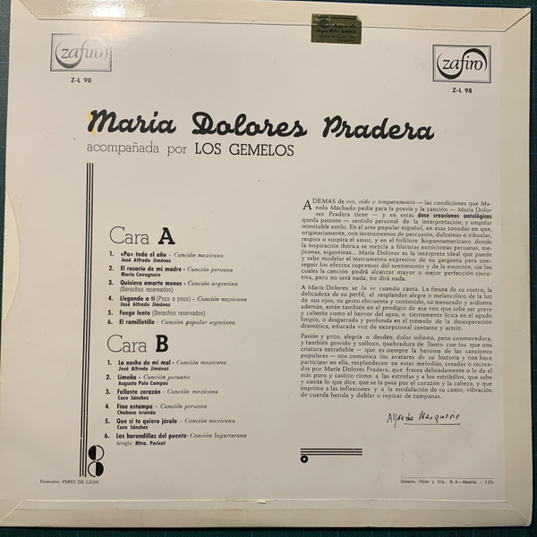 Maria Dolores Pradera Acompañada Por Los Gemelos - Maria Dolores Pradera Acompañada Por Los Gemelos | Zafiro (Z-L 98) - 2