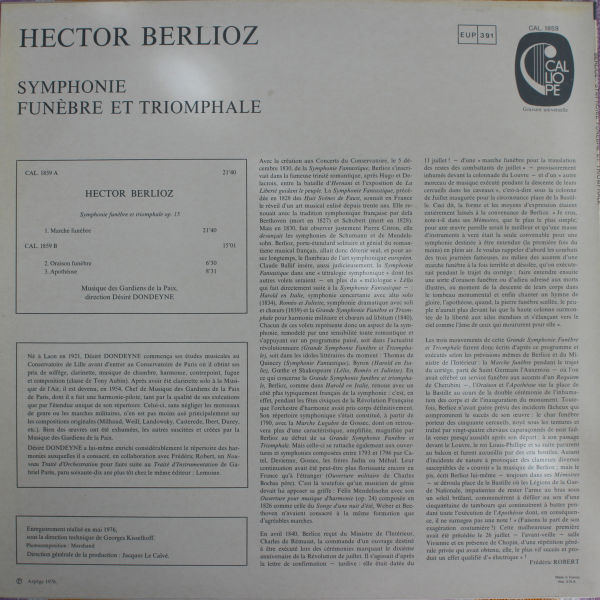 Hector Berlioz , Musique Des Gardiens De La Paix , Désiré Dondeyne - Symphonie Funèbre Et Triomphale | Calliope (CAL. 1859) - 2