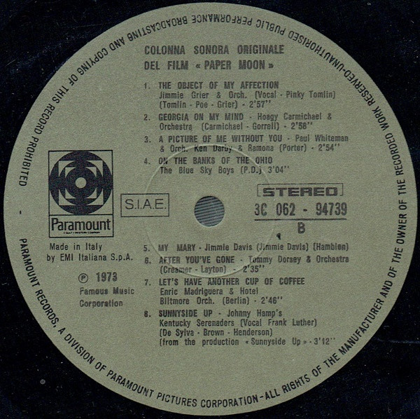 Various - Paper Moon (Colonna Sonora Originale) : Original Recordings Featured In The Soundtrack | Paramount Records (3 C 062 -94739) - 3 Various - Paper Moon (Colonna Sonora Originale) : Original Recordings Featured In The Soundtrack | Paramount Records (3 C 062 -94739) - 3