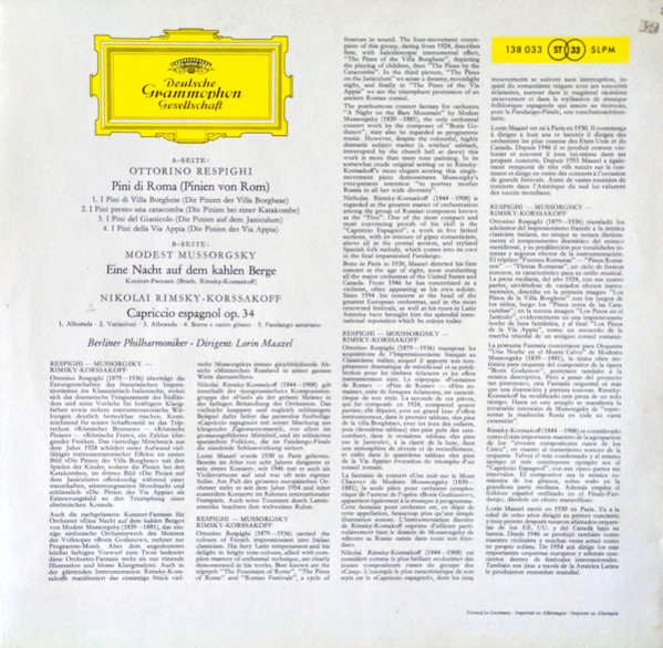 Ottorino Respighi / Modest Mussorgsky / Nikolai Rimsky-Korsakov – Berliner Philharmoniker · Lorin Maazel - Pini Di Roma / Eine Nacht Auf Dem Kahlen Berge / Capriccio Espagnol | Deutsche Grammophon (SLPM 138 033) - 2 Ottorino Respighi / Modest Mussorgsky / Nikolai Rimsky-Korsakov – Berliner Philharmoniker · Lorin Maazel - Pini Di Roma / Eine Nacht Auf Dem Kahlen Berge / Capriccio Espagnol | Deutsche Grammophon (SLPM 138 033) - 2