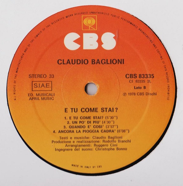 Claudio Baglioni - E Tu Come Stai? | CBS (CBS 83335) - main Claudio Baglioni - E Tu Come Stai? | CBS (CBS 83335) - main