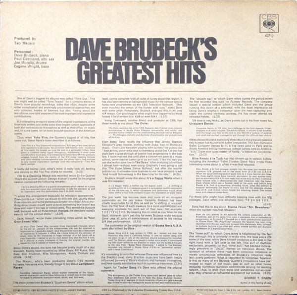 Dave Brubeck - Dave Brubeck's Greatest Hits | CBS (SBPG 62710) - 2
