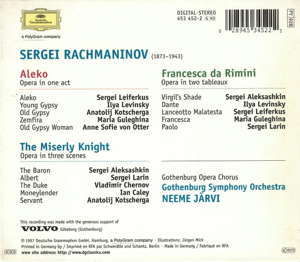 Sergei Vasilyevich Rachmaninoff – Göteborgs Symfoniker , Neeme Järvi - Aleko · Francesca Da Rimini · The Miserly Knight | Deutsche Grammophon (453 452-2) - 2