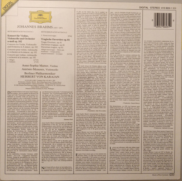 Johannes Brahms - Anne-Sophie Mutter , Antonio Meneses , Berliner Philharmoniker , Herbert von Karajan - Doppelkonzert = Double Concerto / Tragische Ouvertüre = Tragic Overture | Deutsche Grammophon (410 603-1) - 2