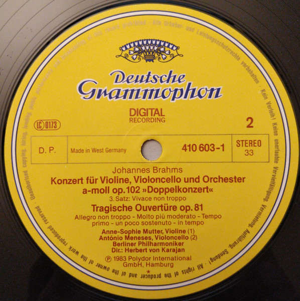 Johannes Brahms - Anne-Sophie Mutter , Antonio Meneses , Berliner Philharmoniker , Herbert von Karajan - Doppelkonzert = Double Concerto / Tragische Ouvertüre = Tragic Overture | Deutsche Grammophon (410 603-1) - 4