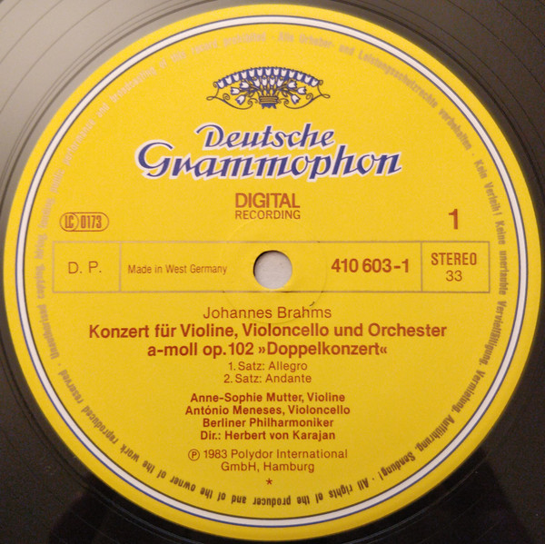Johannes Brahms - Anne-Sophie Mutter , Antonio Meneses , Berliner Philharmoniker , Herbert von Karajan - Doppelkonzert = Double Concerto / Tragische Ouvertüre = Tragic Overture | Deutsche Grammophon (410 603-1) - 3