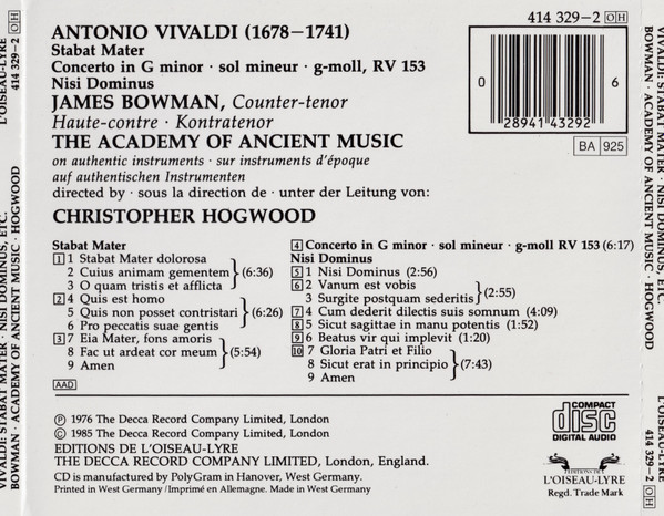 Antonio Vivaldi , James Bowman , The Academy Of Ancient Music , Christopher Hogwood - Stabat Mater • Nisi Dominus • Concerto In G Minor | L'Oiseau-Lyre (414 329-2) - 2