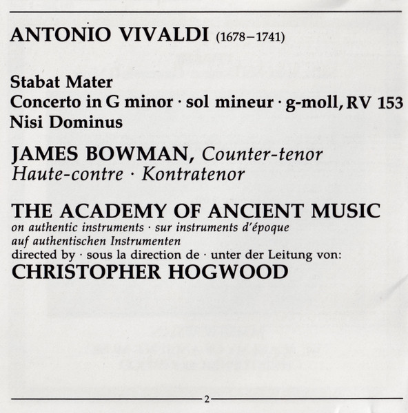 Antonio Vivaldi , James Bowman , The Academy Of Ancient Music , Christopher Hogwood - Stabat Mater • Nisi Dominus • Concerto In G Minor | L'Oiseau-Lyre (414 329-2) - 4