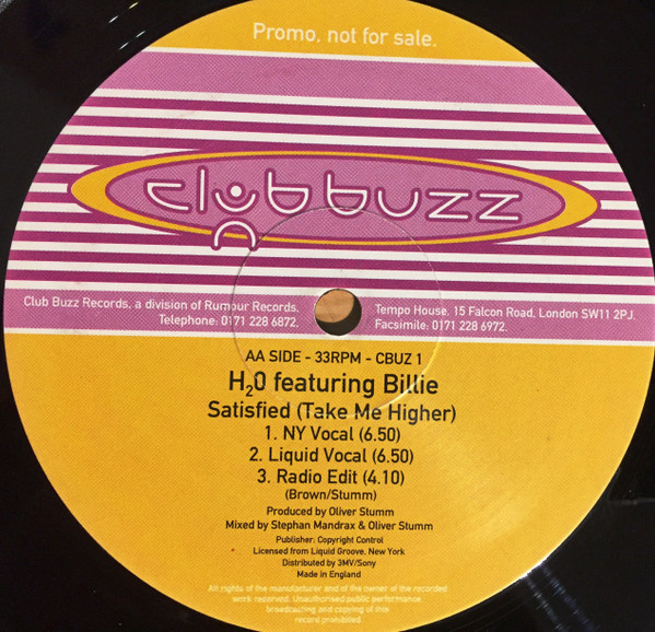 H2O Featuring Billie - Satisfied (Take Me Higher) | Club Buzz (CBUZ 1) - main