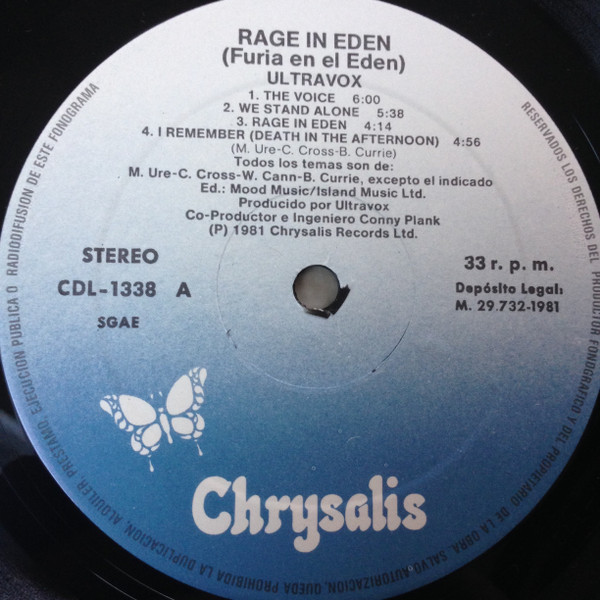 Ultravox - Rage In Eden = Furia En El Eden | Chrysalis (CDL - 1338) - 3 Ultravox - Rage In Eden = Furia En El Eden | Chrysalis (CDL - 1338) - 3