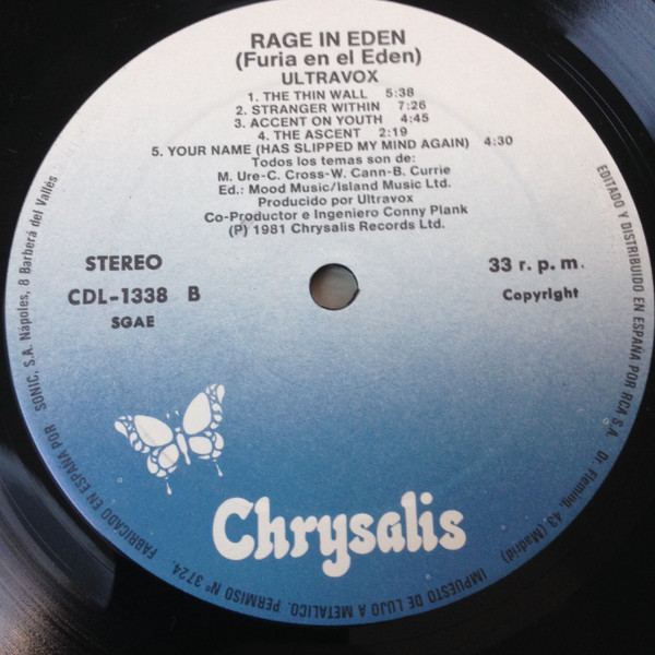 Ultravox - Rage In Eden = Furia En El Eden | Chrysalis (CDL - 1338) - 4 Ultravox - Rage In Eden = Furia En El Eden | Chrysalis (CDL - 1338) - 4