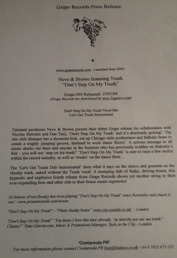 Nevo & Brown Featuring Trunk - Don't Step On My Trunk | Grape Records (Grape 004) - 3 Nevo & Brown Featuring Trunk - Don't Step On My Trunk | Grape Records (Grape 004) - 3