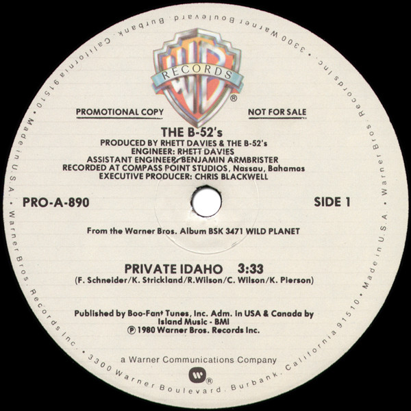 The B-52's - Private Idaho | Warner Bros. Records (PRO-A-890) - 3 The B-52's - Private Idaho | Warner Bros. Records (PRO-A-890) - 3