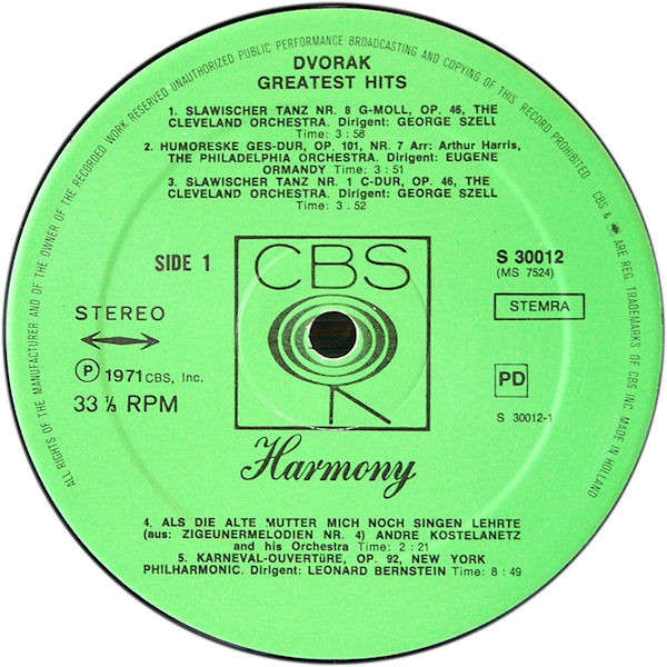 Antonín Dvořák - Greatest Hits | CBS Harmony (S 30 012) - 3 Antonín Dvořák - Greatest Hits | CBS Harmony (S 30 012) - 3