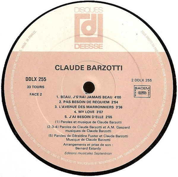 Claude Barzotti - Beau, J's'rai Jamais Beau | Disques Déesse (DDLX 255) - 4